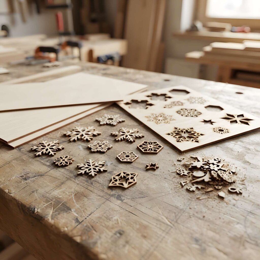 What Wood Is Best for Laser Cutting? A Complete Guide 3 Laser cut wooden snowflake shapes and stars on a workbench showing best wood for laser cutting