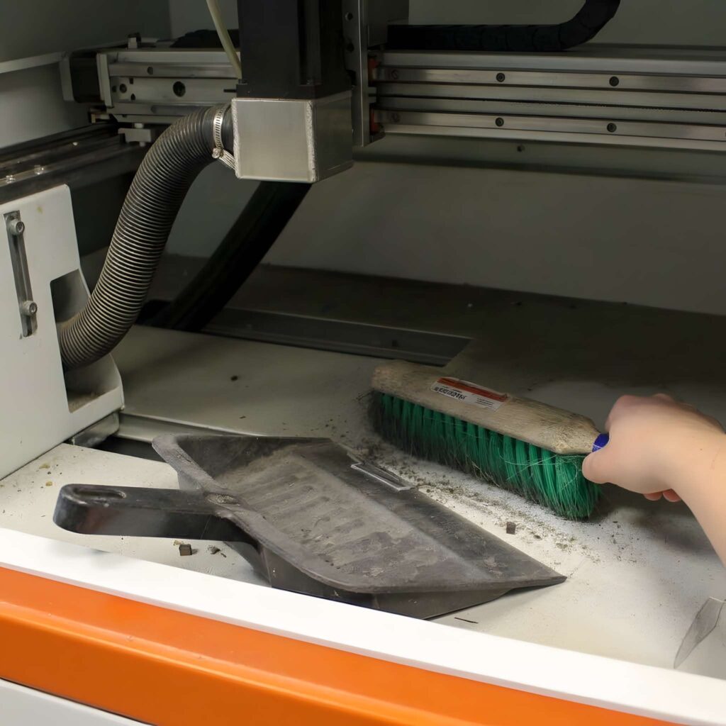 10 Common Laser Cutting Mistakes to Avoid 7 common laser cutting mistakes to avoid shown by cleaning dust and debris inside a laser cutter with a brush and dustpan