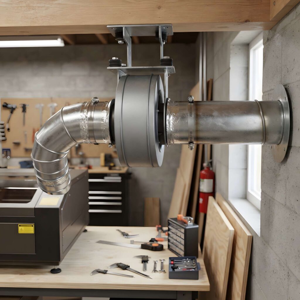 Laser Cutter Ventilation: What You Need to Know 2 Laser cutter ventilation system exhaust fan and ducting installed in workshop