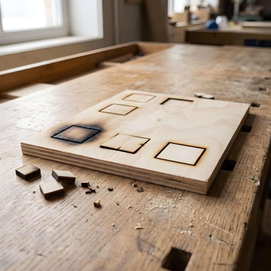 10 Common Laser Cutting Mistakes to Avoid 2 common laser cutting mistakes to avoid shown on plywood with varying burn marks and cut squares