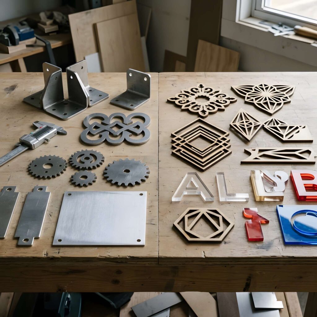 Fiber Laser vs CO2 Laser: Key Differences 4 fiber laser vs CO2 laser differences shown by metal and wood cut parts on a workbench