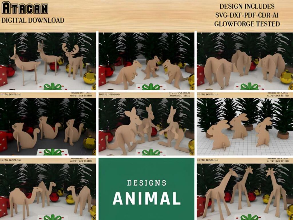 3D Animals Puzzle DIY Laser Cutting 3D laser cut files showing assembled interlocking animal puzzles including deer, kangaroo, bear, rabbit, and giraffe in a
