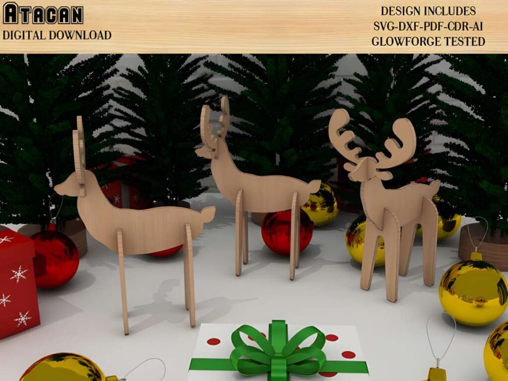 3D Animals Puzzle DIY Laser Cutting Poster 2 3D laser cut files showing assembled wooden animal puzzles with Christmas decorations