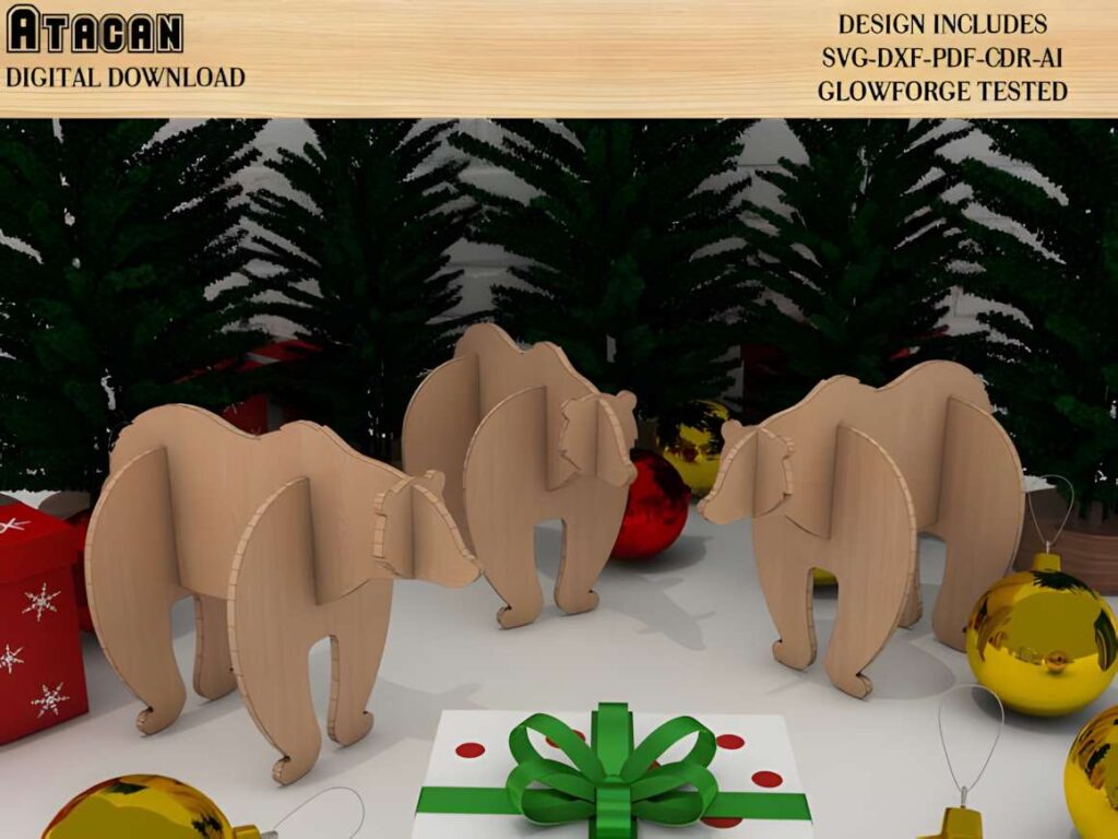 3D Animals Puzzle DIY Laser Cutting Poster 3 3D laser cut files showing three assembled cardboard bear puzzles with Christmas decorations