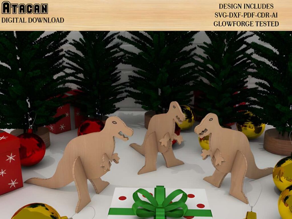 3D Animals Puzzle DIY Laser Cutting Poster 5 3D laser cut files showing assembled cardboard dinosaur puzzles with Christmas decorations