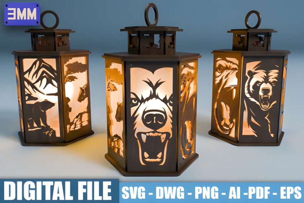 3D Bear Lantern Laser Cut Files 3D laser cut files of hexagonal bear lanterns with mountain and wildlife designs illuminated from inside