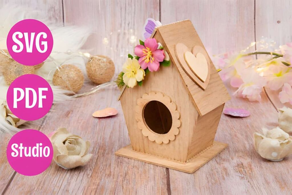3D Birdhouse 3D laser cut files wooden birdhouse with heart decoration and flowers on wooden surface