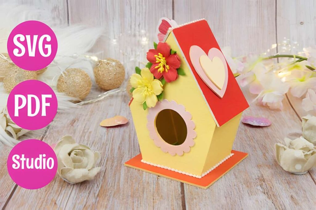 3D Birdhouse Poster 2 3D laser cut files for a decorative birdhouse with heart and flower details on a wooden surface