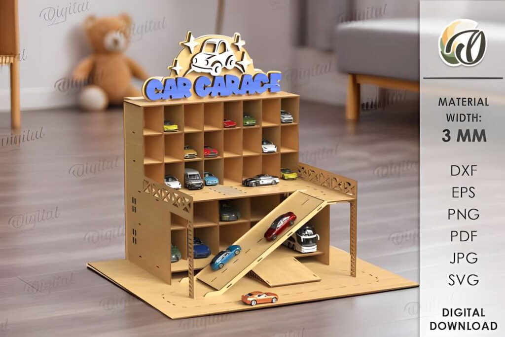 3D Car Storage Garage Laser Cut 3D laser cut files for a multi-level car storage garage with small toy cars in compartments and ramp