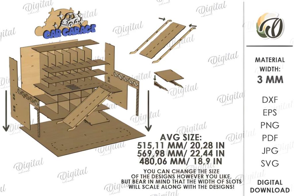 3D Car Storage Garage Laser Cut Poster 4 3D laser cut files for a multi-level car storage garage with assembly parts and size details