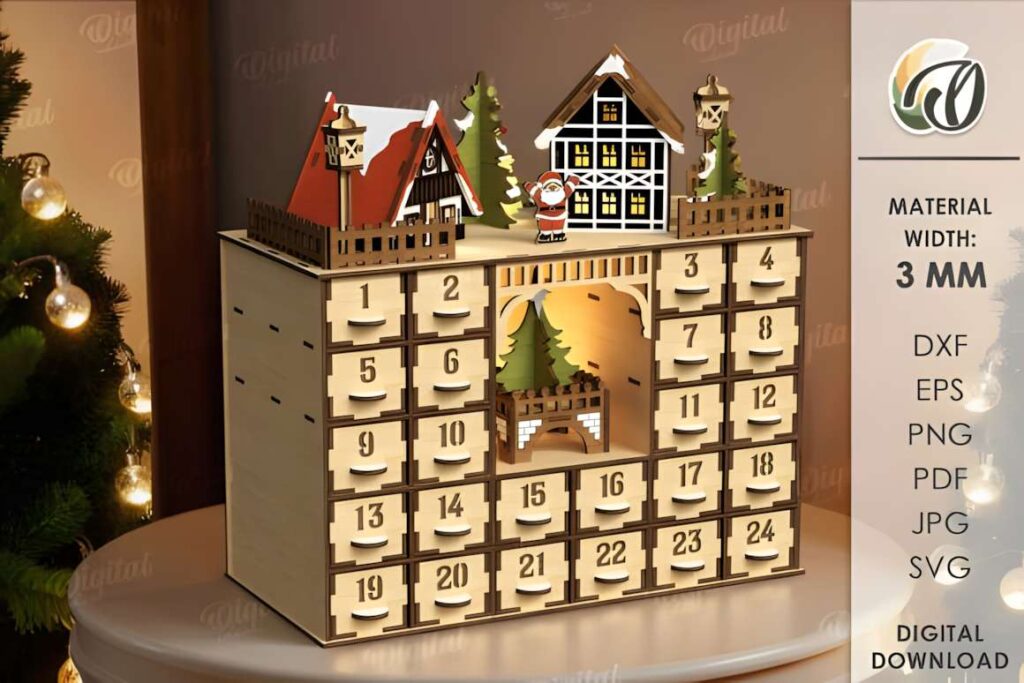 3D Christmas Advent Calendar Laser Cut Graphic 3D laser cut files for a Christmas advent calendar with numbered compartments and festive house decorations