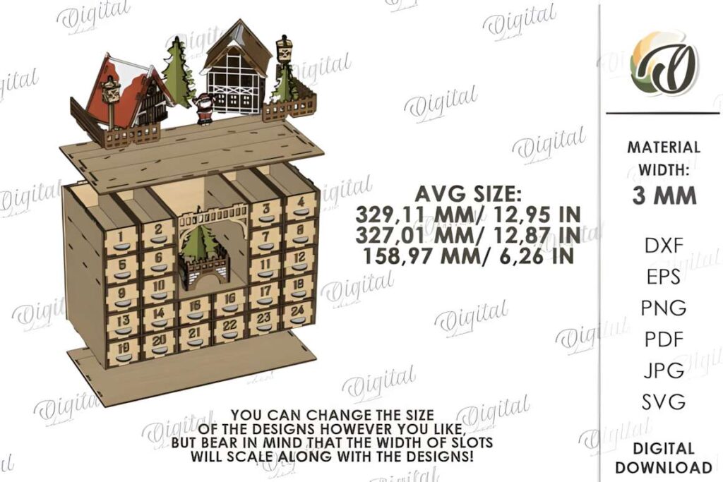 3D Christmas Advent Calendar Laser Cut Graphic Poster 3 3D laser cut files for a Christmas advent calendar with 24 numbered compartments and decorative holiday elements