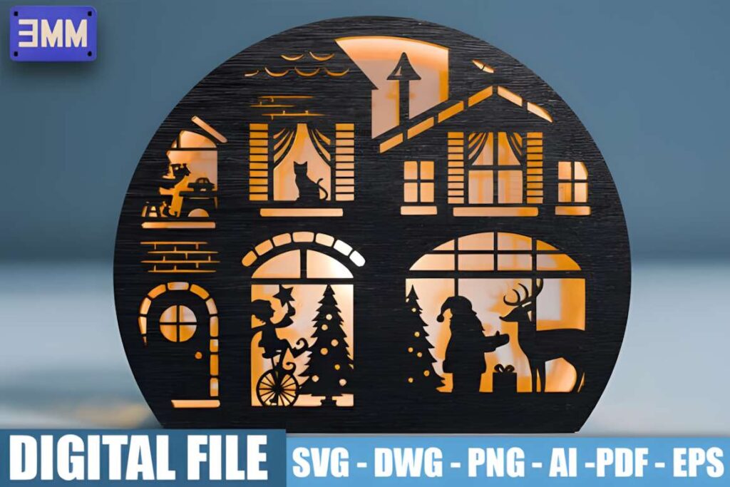 3D Christmas House Scene Laser Cut File 3D laser cut files showing a layered Christmas house scene with illuminated windows featuring a cat, child, tree, Santa, and