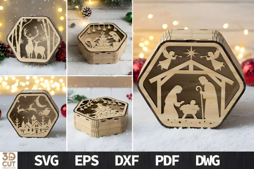 3D Christmas Laser Cut Box Bundle SVG 3D laser cut files of Christmas-themed layered wooden boxes with Santa, Nativity, trees, and deer designs