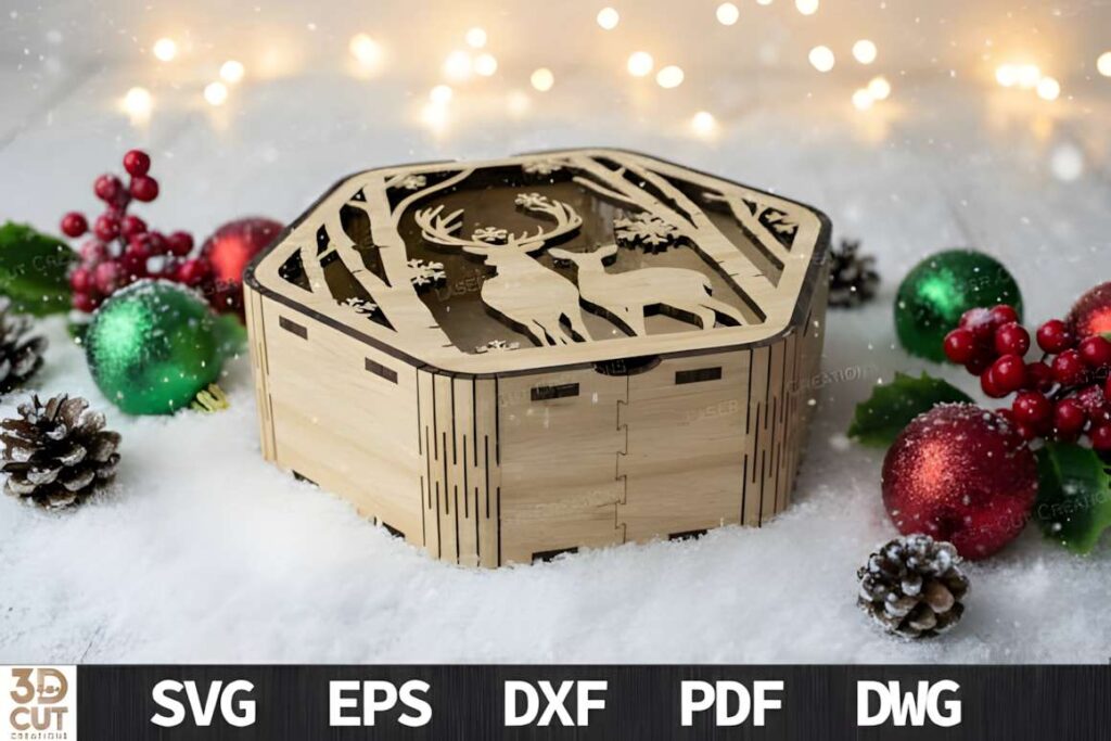 3D Christmas Laser Cut Box Bundle SVG Poster 5 3D laser cut files Christmas box with layered deer scene surrounded by holiday decorations