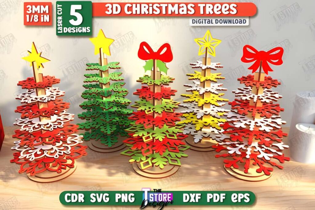 3D Christmas Tree Laser Cut Bundle CNC 5 colorful 3D laser cut files of layered Christmas trees in red, green, yellow, and white with star and bow toppers