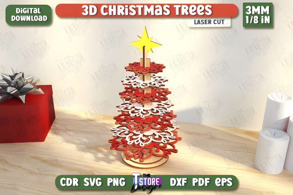 3D Christmas Tree Laser Cut Bundle CNC Poster 3 3D laser cut files layered Christmas tree with star on top and snowflake patterns in red and white