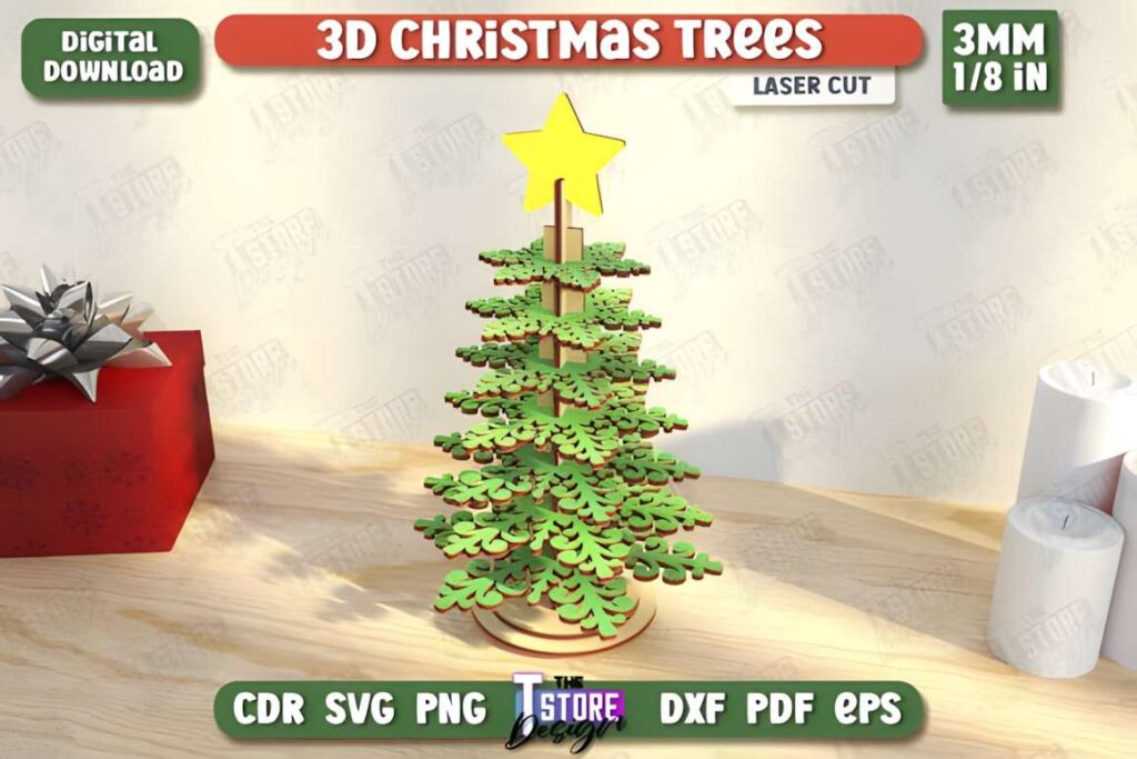 3D Christmas Tree Laser Cut Bundle CNC Poster 4 3D laser cut files layered Christmas tree model with star on top and multiple green layers for decoration