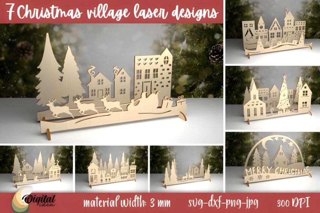 3D Christmas Village Bundle Laser Cut 3D laser cut files of a Christmas village with seven dimensional designs including houses, trees, and festive elements