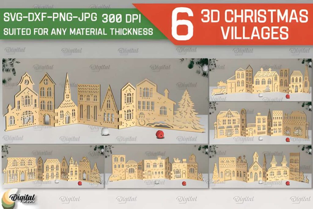 3D Christmas Village Laser Cut Bundle 3D laser cut files of six different Christmas village designs in various views and formats