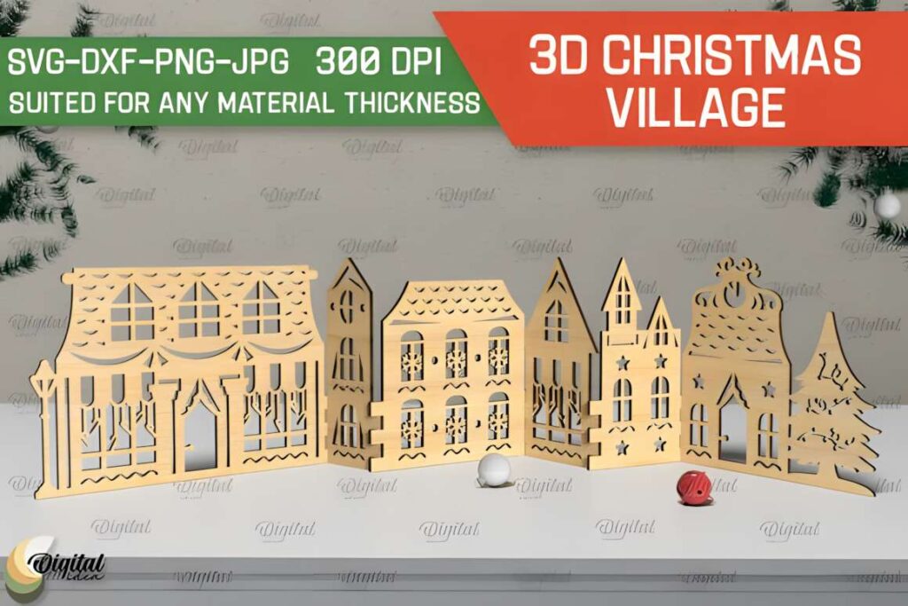 3D Christmas Village Laser Cut Bundle Poster 3 3D laser cut files for a Christmas village with six detailed building silhouettes in light wood material