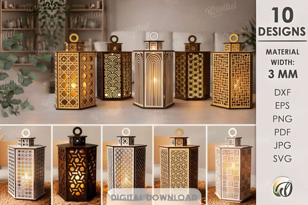 3D Decorative Lanterns Bundle Lasercut 3D laser cut files for decorative lanterns in 3 mm material with various intricate cutout patterns