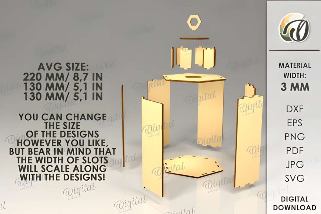 3D Decorative Lanterns Bundle Lasercut Poster 2 3D laser cut files showing exploded view of a lantern design with dimensions and material details