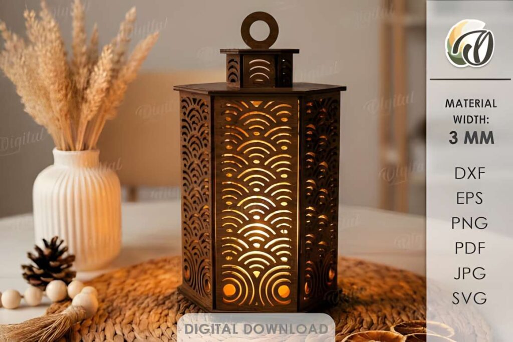 3D Decorative Lanterns Bundle Lasercut Poster 4 3D laser cut files decorative lantern with intricate cutouts illuminated from inside on woven mat