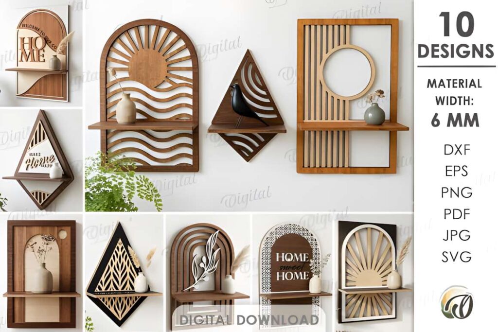 3D Decorative Shelves Bundle Laser Cut 3D laser cut files for decorative shelves in 6 mm material, showing ten unique wall-mounted shelf designs