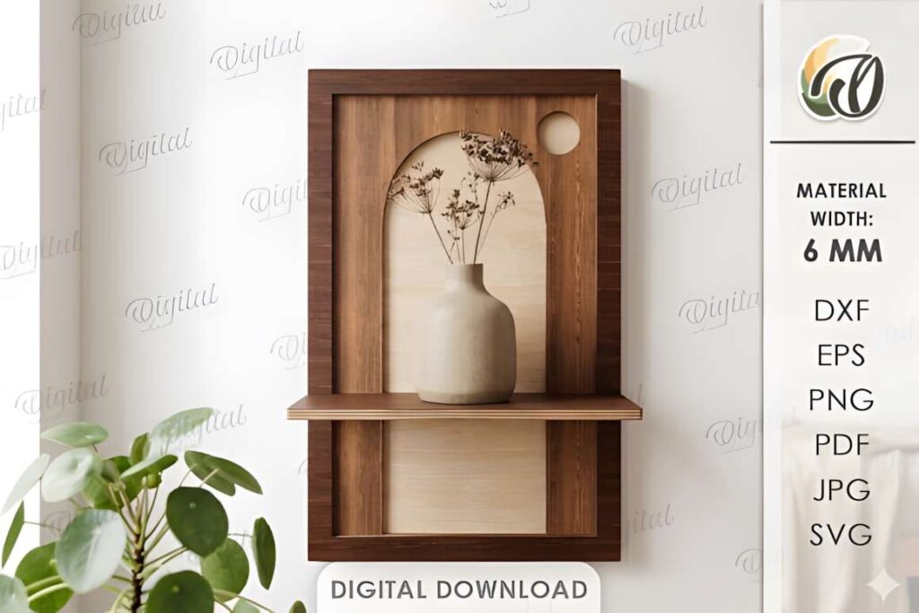 3D Decorative Shelves Bundle Laser Cut Poster 2 3D laser cut files for decorative shelf design made from 6 mm material in wood tones