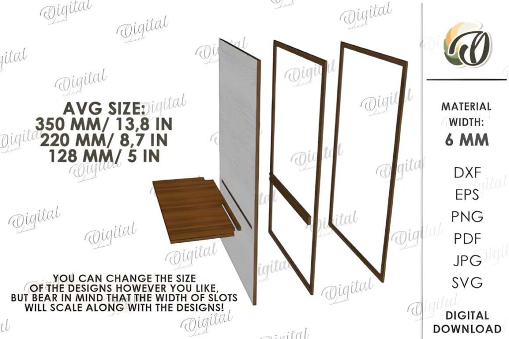 3D Decorative Shelves Bundle Laser Cut Poster 3 3D laser cut files showing exploded view of decorative shelf parts with size and material details