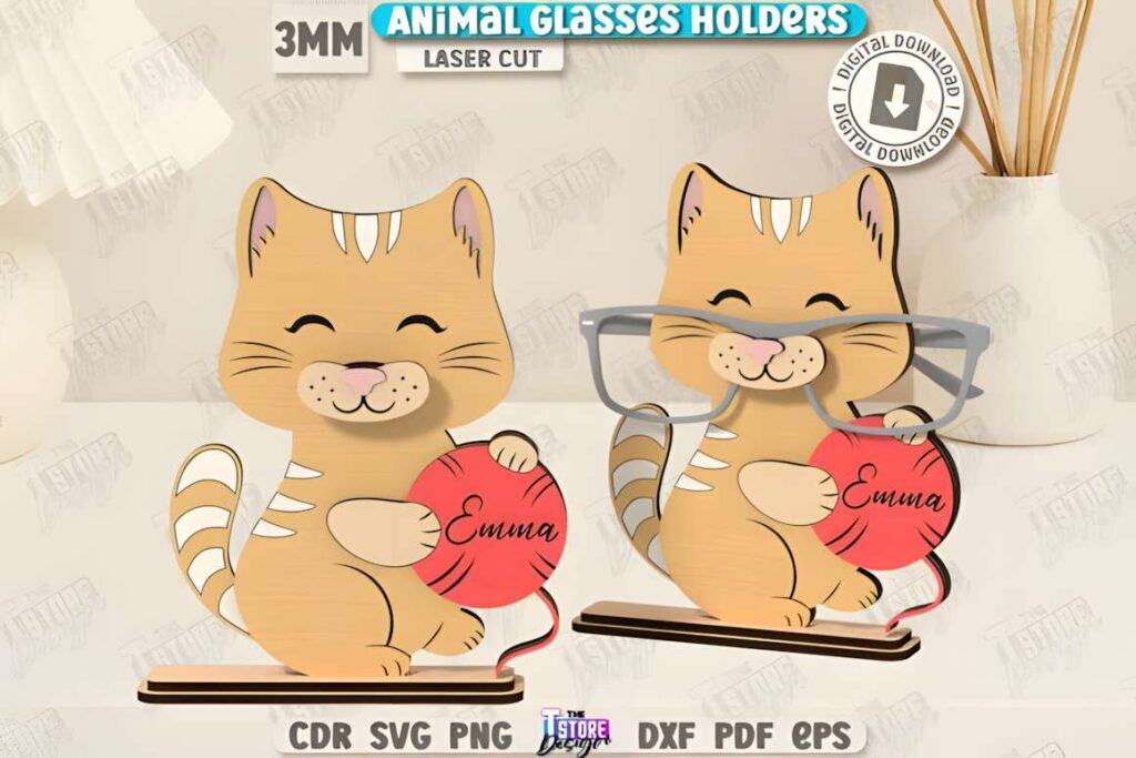 3D Desk Glasses Holder Laser Cut CNC 3D laser cut files of animal glasses holders in SVG, EPS, PNG, PDF, and DXF formats showing a cat holding a red ball with