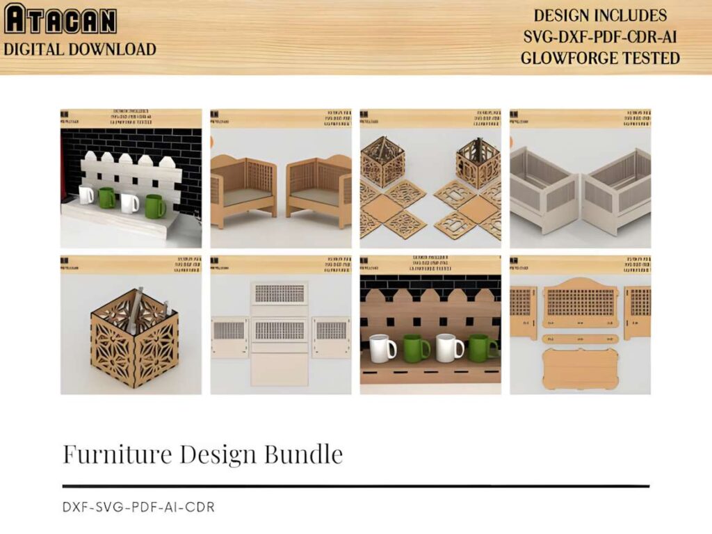 3D Doll House Miniature Furniture Bundle 3D laser cut files for miniature furniture including fences, benches, lanterns, and storage boxes in multiple design formats