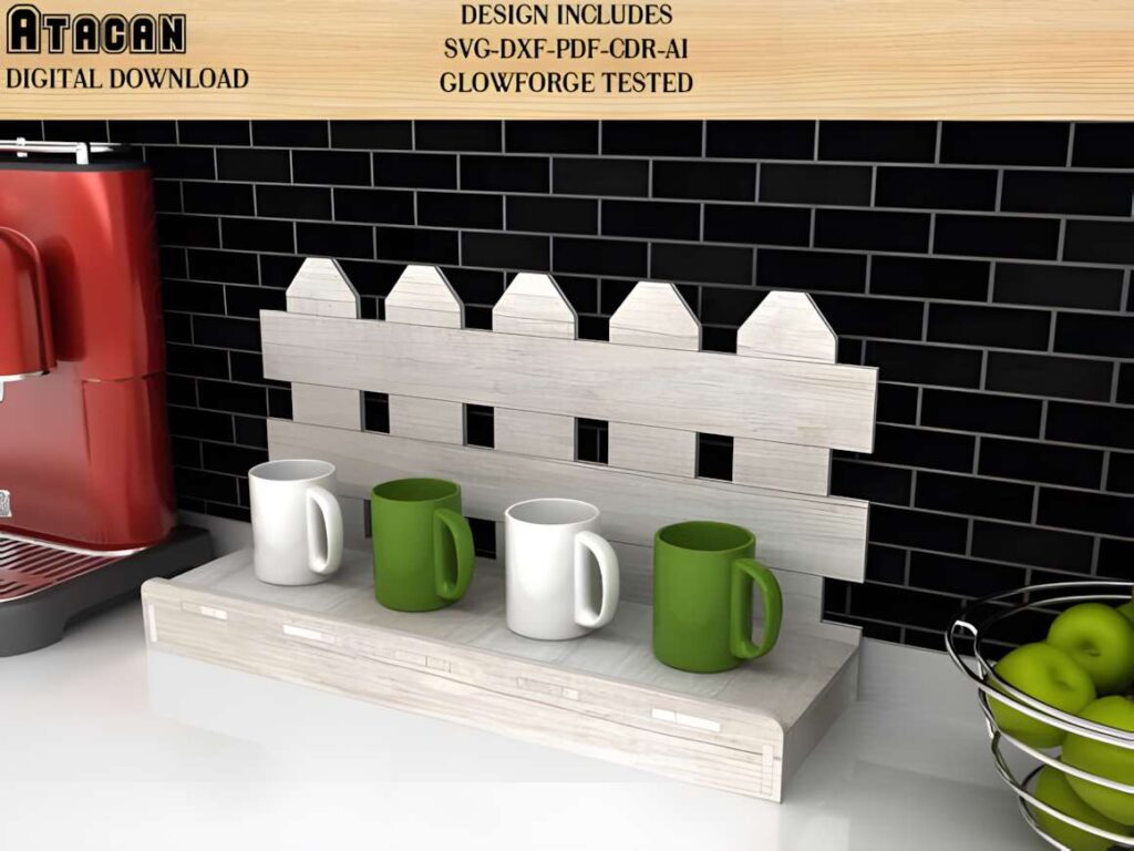 3D Doll House Miniature Furniture Bundle Poster 3 3D laser cut files showing a miniature white wooden fence with four mugs on a shelf against a black tiled wall
