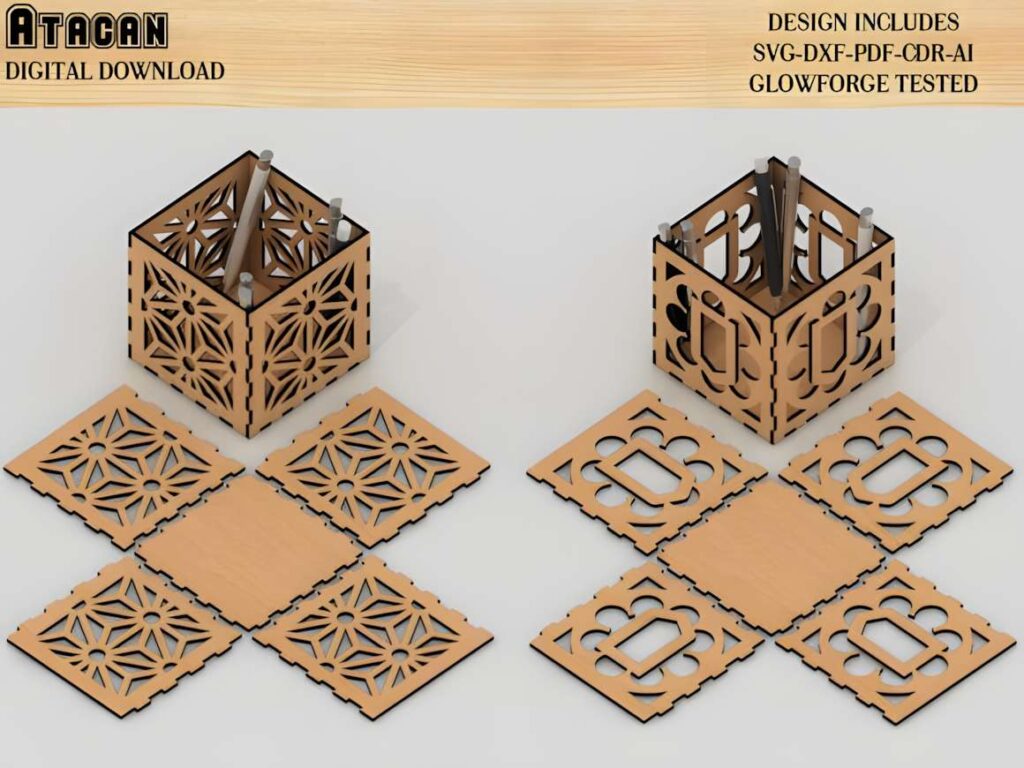 3D Doll House Miniature Furniture Bundle Poster 6 3D laser cut files showing two assembled decorative wooden boxes and their flat cut pieces in DXF, SVG, PDF, AI, and CDR