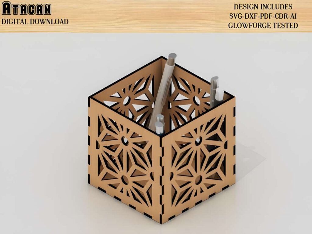 3D Doll House Miniature Furniture Bundle Poster 7 3D laser cut files showing a decorative wooden pen holder with geometric cutout patterns