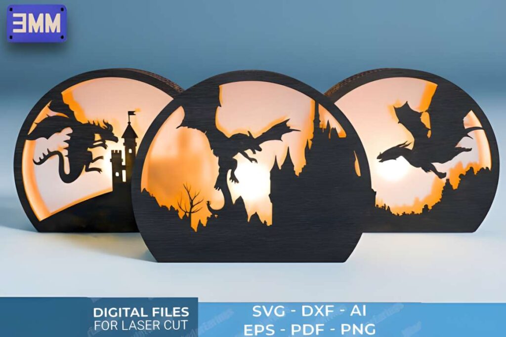 3D Dragon and Castle Lantern Laser Cut F 3D laser cut files showing dragon and castle lantern designs with illuminated fantasy scenes