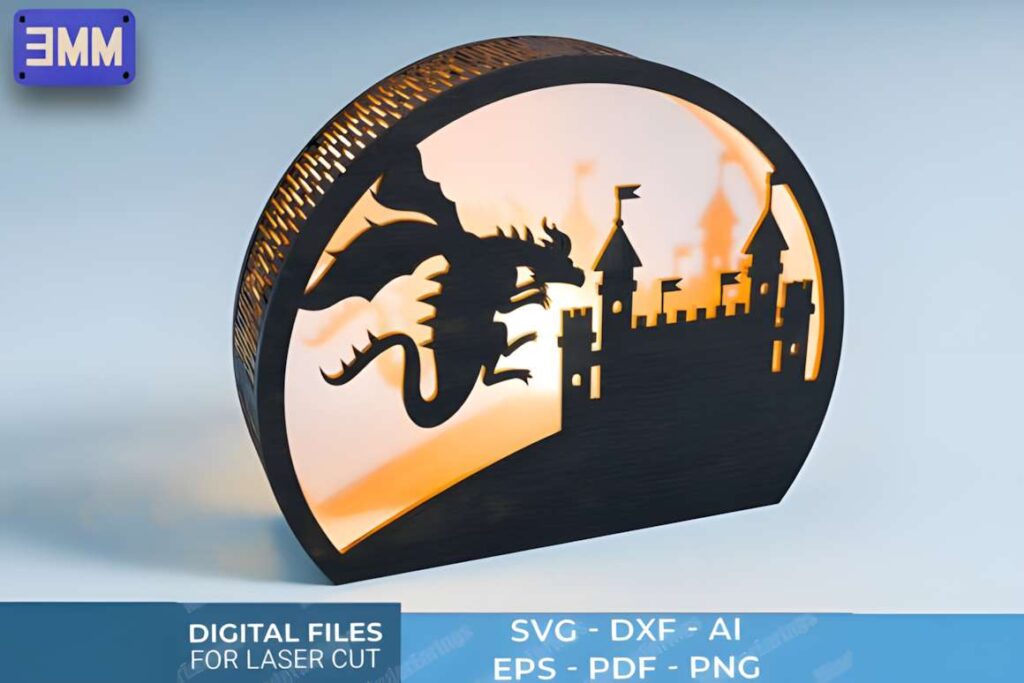 3D Dragon and Castle Lantern Laser Cut F Poster 3 3D laser cut files showing a dragon flying near a castle silhouette in a round lantern design