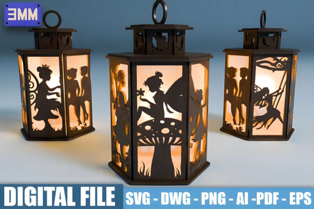 3D Fairy Lantern Laser Cut Files 3D laser cut files showing fairy lanterns with detailed silhouettes of fairies sitting, playing, and dancing