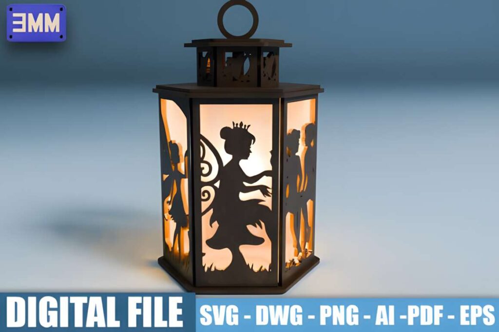 3D Fairy Lantern Laser Cut Files Poster 4 3D laser cut files showing a fairy lantern with detailed silhouette figures illuminated inside