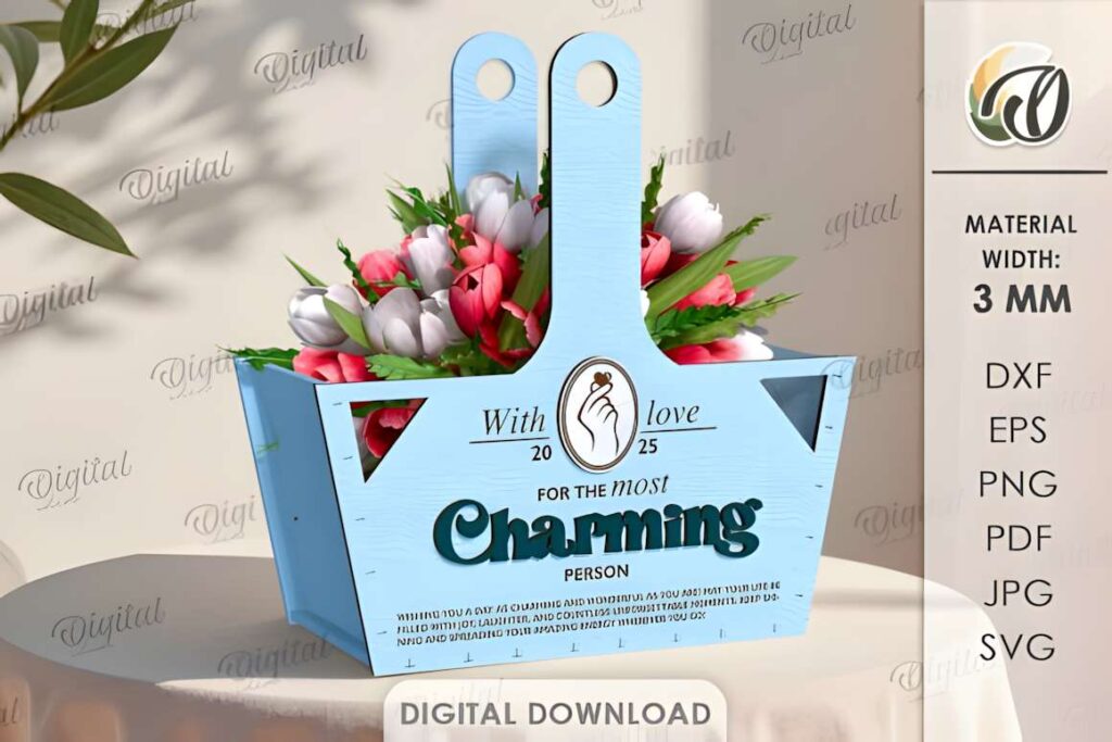 3D Gift Boxes Bundle Laser Cut Poster 10 3D laser cut files for a charming blue gift box with flowers, designed for 3 mm material