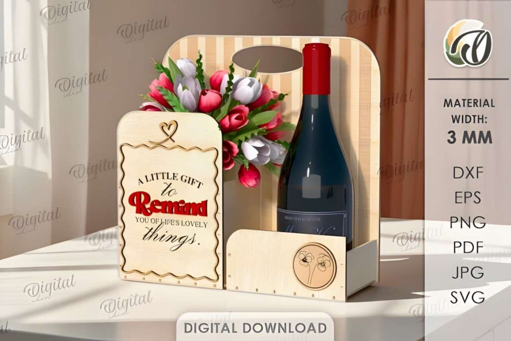 3D Gift Boxes Bundle Laser Cut Poster 7 3D laser cut files for a wooden gift box with a bottle holder and floral decoration, designed for 3 mm material