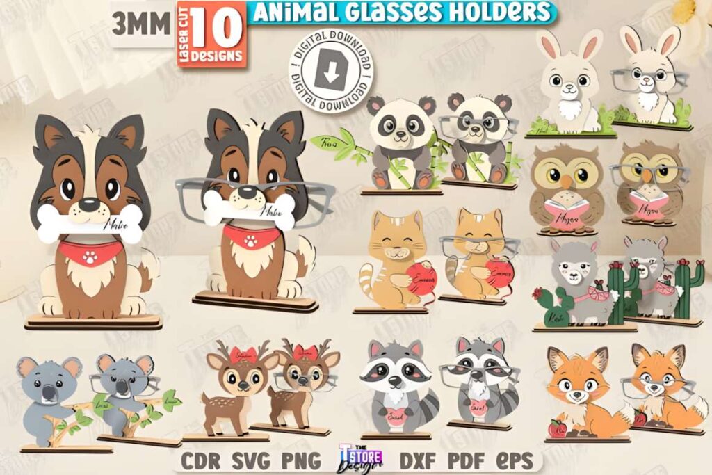 3D Glasses Holders Laser Cut Bundle CNC (2) 3D laser cut files of animal-themed eyeglass holders including dogs, pandas, rabbits, owls, cats, koalas, deer, raccoons