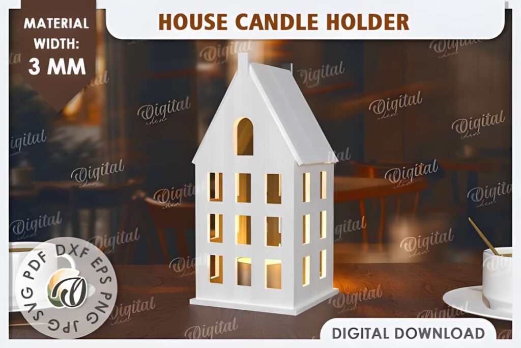 3D House Laser Cut Home Decor 3D laser cut files house candle holder made from 3 mm material with window cutouts and pitched roof