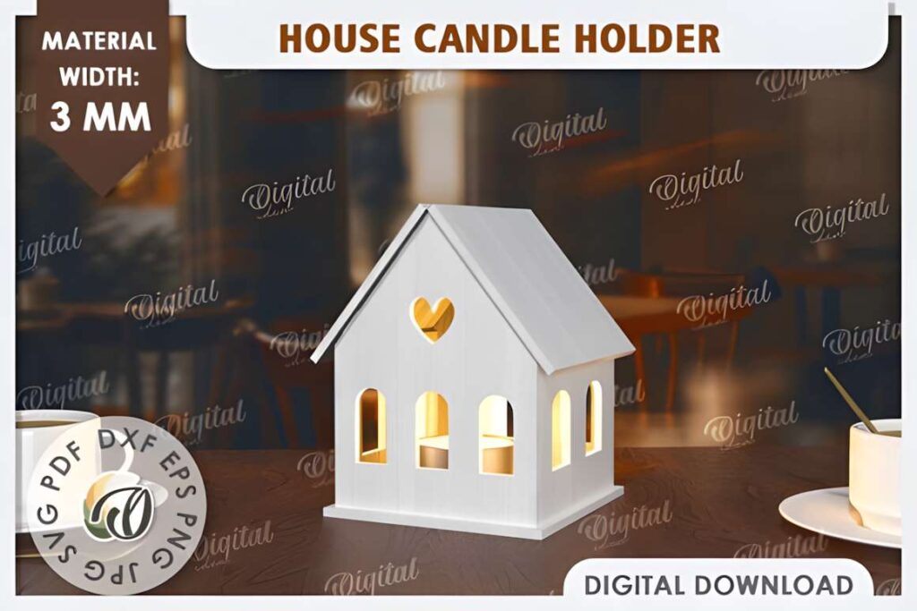 3D House Laser Cut Home Decor SVG 3D laser cut files house candle holder design for 3 mm material with SVG, DXF, EPS, PDF, JPEG, PNG formats