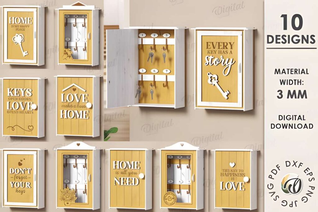 3D Key Organizer Box Laser Cut Bundle 3D laser cut files for key organizer boxes with ten designs including hooks and decorative text