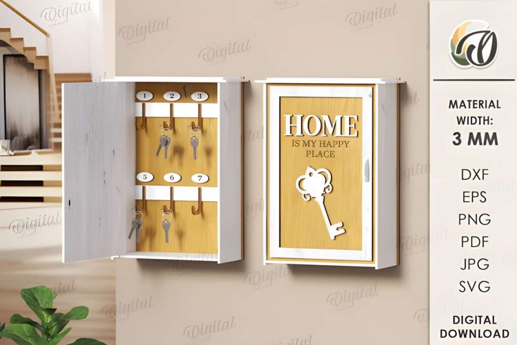 3D Key Organizer Box Laser Cut Bundle Poster 4 3D laser cut files for a wooden key organizer box with numbered hooks and decorative front panel