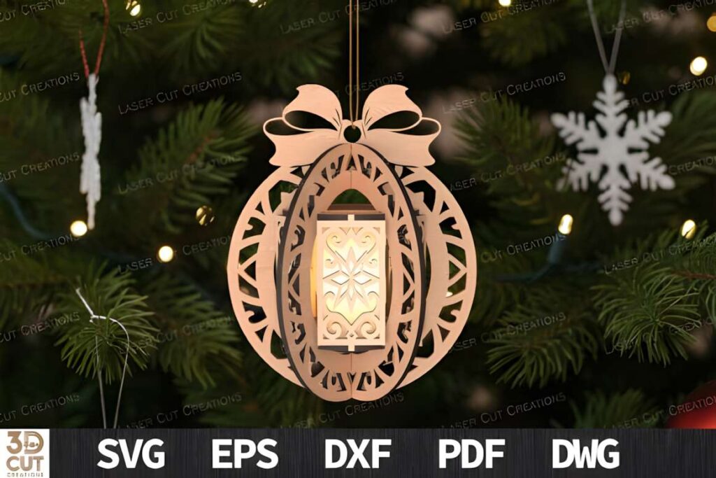 3D Lantern Ornament Laser Cut 3D laser cut files showing a layered lantern ornament hanging on a Christmas tree