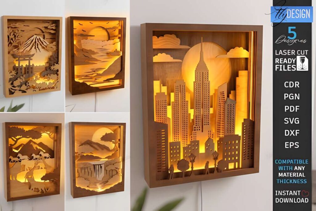 3D Layered Shadow Box Laser Cut Files 3D laser cut files showing layered shadow box designs with wildlife and cityscape scenes