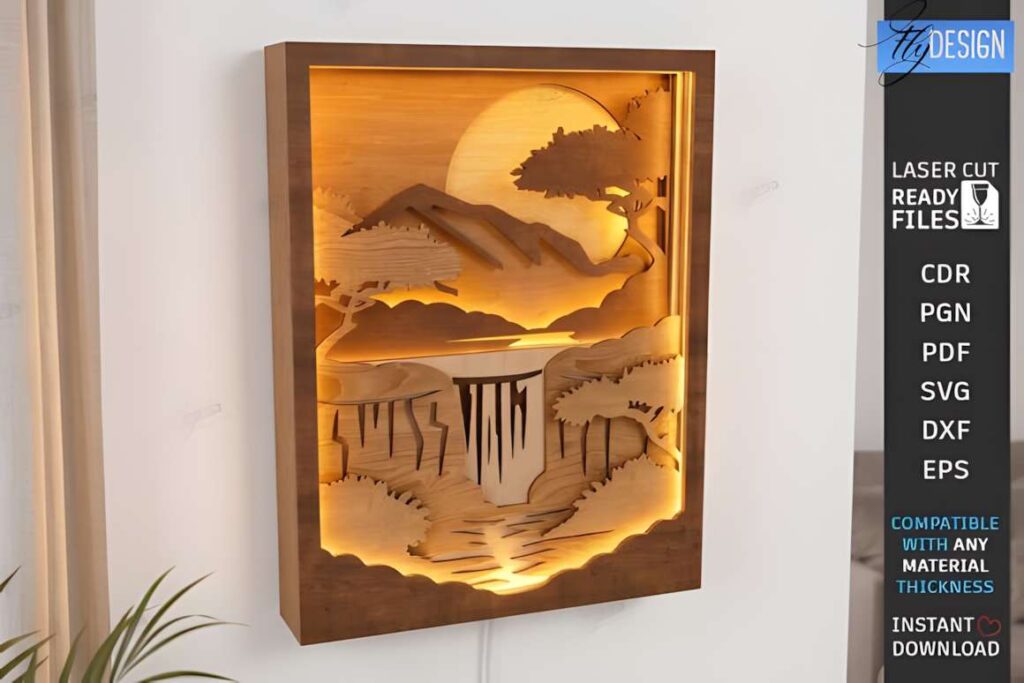 3D Layered Shadow Box Laser Cut Bundle Poster 2 3D laser cut files for creative projects showing a layered shadow box with illuminated mountain and waterfall scene